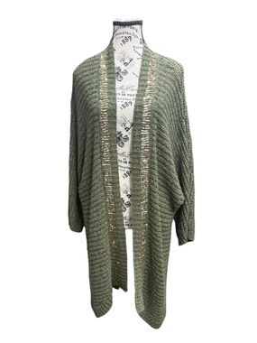Chico’s Olive Green Sequin Trim Longline Open Front Cardigan Size 3/XL